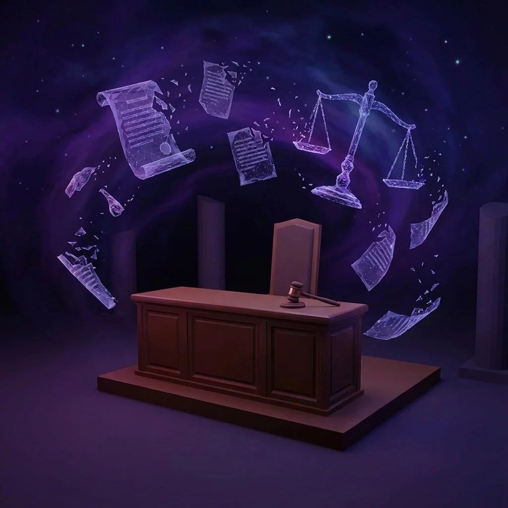 A lawyer's desk and gavel are surrounded by glowing, shattering legal documents and a scale of justice against a purple cosmic background.