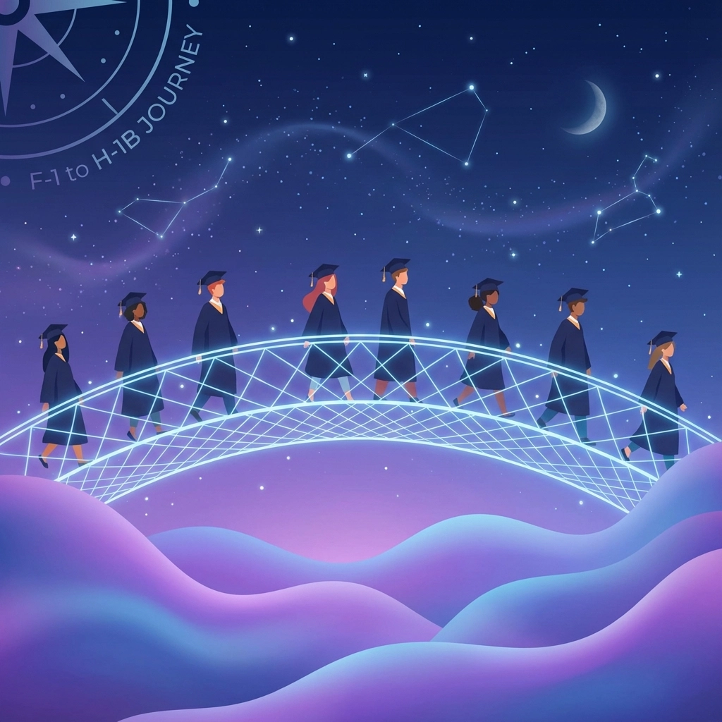 An illustration shows graduates walking on a glowing bridge under a starry sky.
