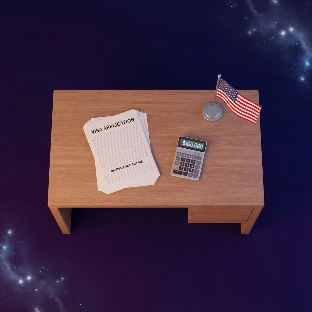 Visa application papers, calculator, and american flag