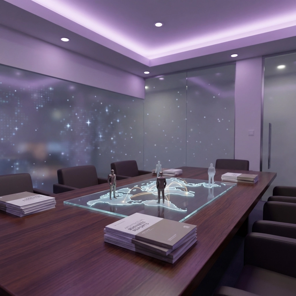 A futuristic meeting room features a large table with a glowing world map and miniature figures